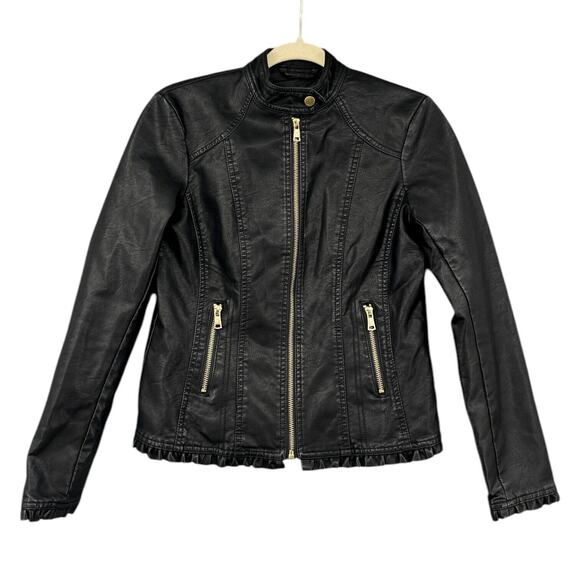 Baccini Black Faux Leather Gold Zippers Stand Collar Biker‎ Jacket Petite Small - Picture 1 of 7